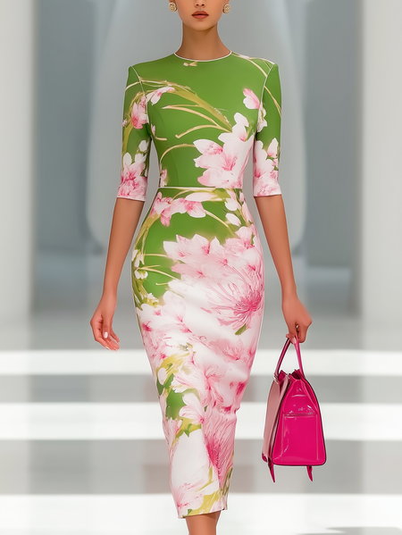 

Elegant Bodycon Midi Dress Crew Neck Half Sleeve Summer Party, Green, Midi Dresses