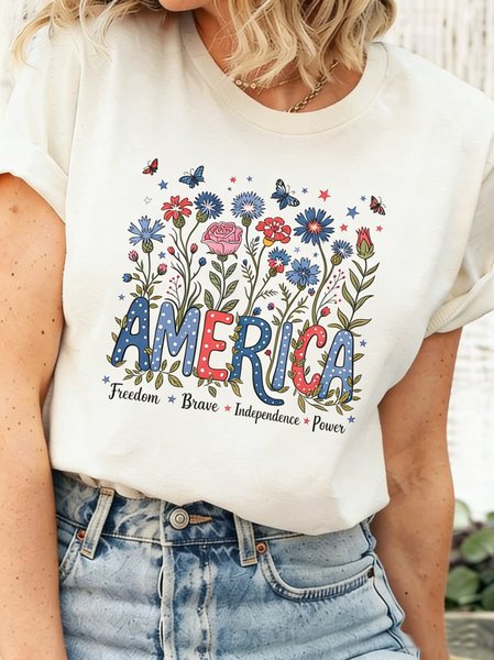 Casual America Floral Printing Crew Neck Short Sleeve T-shirt