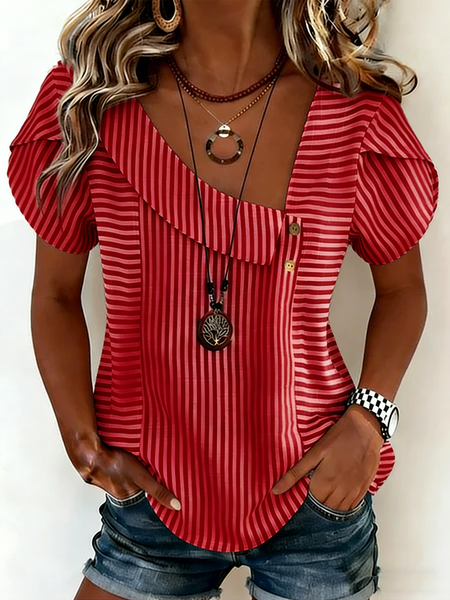 

Casual Striped Short Sleeve T-shirt, Red, T-shirts
