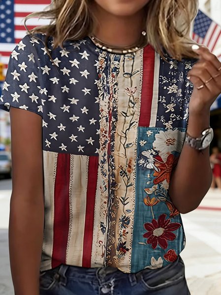 Vintage 3D America Flag Printing Crew Neck Short Sleeve T-shirt