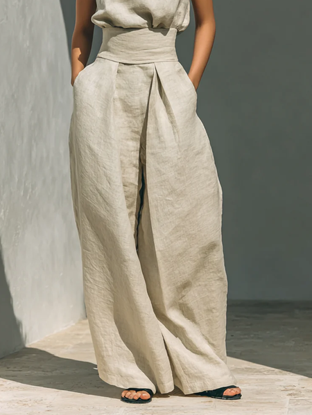 

Cotton Casual Plain Wide Leg Pants, Khaki, Pants