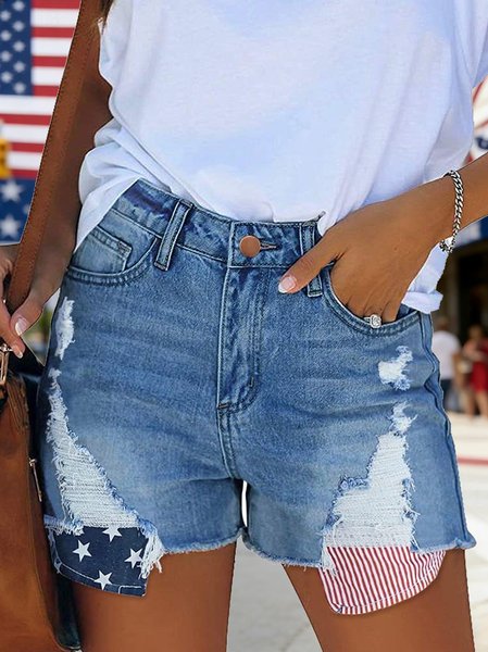 American Flag Denim Blue Straight Leg Button Fly Shorts