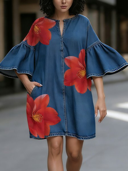 

Denim Casual Floral Bell Sleeve Printing Notched Mini Dress, Blue, Mini Dresses