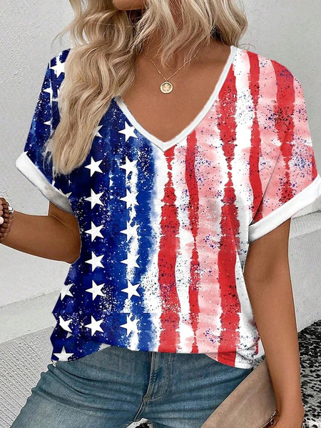 Casual America Flag Printing V Neck Short Sleeve T-shirt