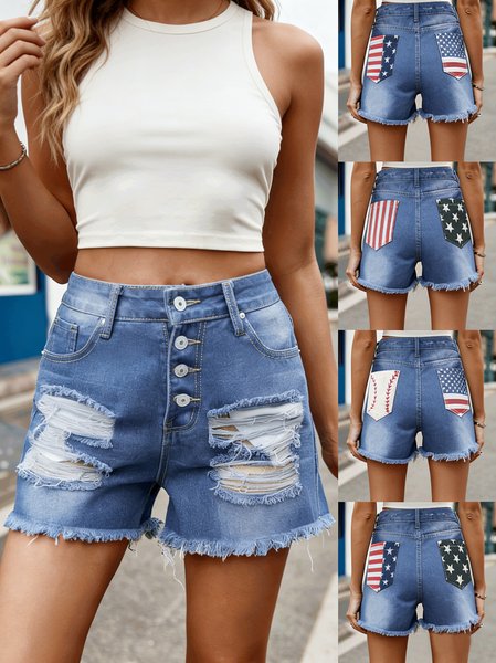 

American Flag Denim Blue Straight Leg Button Fly Shorts, Denim Shorts