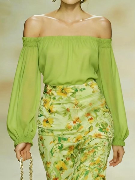 

Vacation Plain Off The Shoulder Blouse, Green, Blouses and Shirts