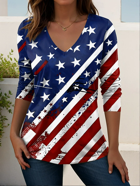 Casual America Flag Printing V Neck Long Sleeve T-shirt