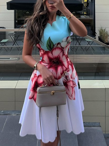 

Elegant Floral Printing Knee Length Dress, As picture, Midi Dresses