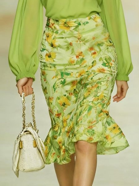 

Vacation Printing Floral Mermaid Skirt, Green, Skirts