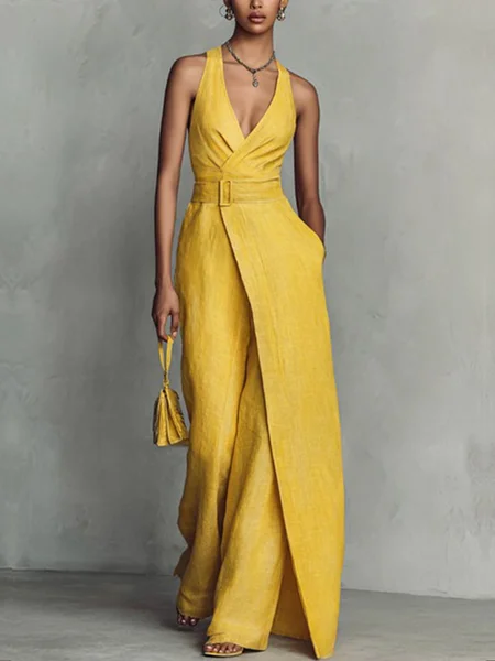 Cotton And Linen Irregular Craftsmanship Plain V Neck Jumpsuit