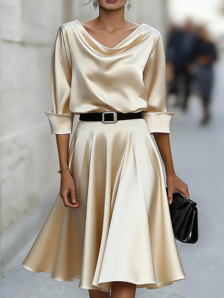

Elegant Plain Cowl Neck Knee Length Dress No Belt, Champagne, Midi Dresses