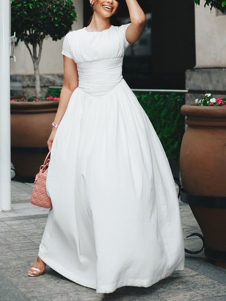

Cotton Elegant Plain Ruched Crew Neck Maxi Dress, White, Maxi Dresses
