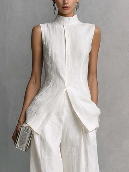 

Cotton And Linen Casual Plain Stand Collar Shirt, White, Blouses and Shirts