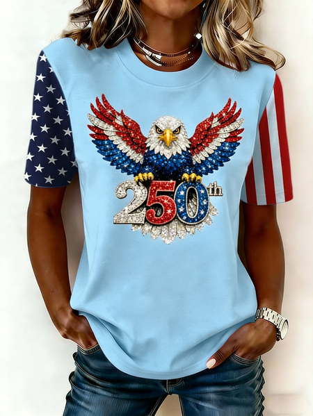 

America 250 Years Anniversary Printing Crew Neck Short Sleeve T-shirt, Sky blue, T-shirts
