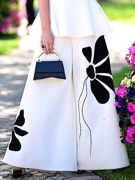 

Urban Floral Printing Fashion Wide Leg Pants, White, Pants
