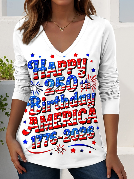 

Casual 250 Years Anniversary Printing V Neck Long Sleeve T-shirt, Color3, T-shirts