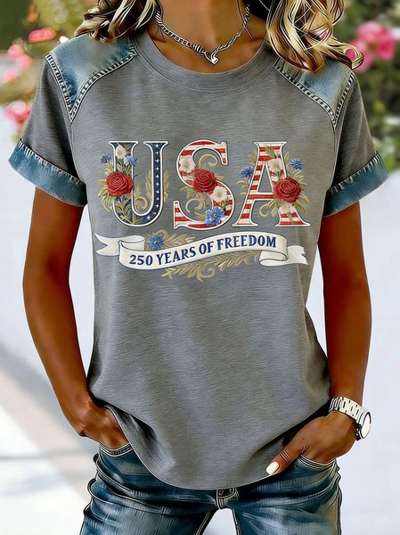 Casual 250 Years of Freedom Anniversary Print Color Block Crew Neck Short Sleeve T-shirt