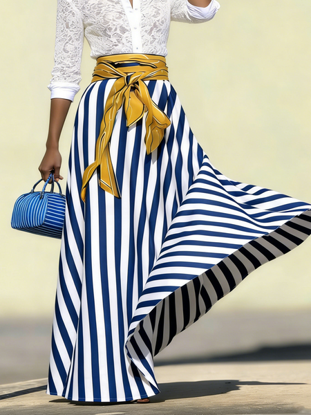 

Urban Striped Maxi Skirt With Belt, Stripe-blue, Skirts