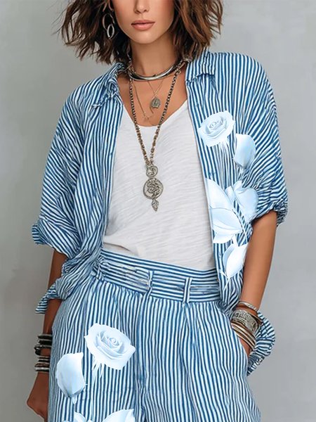

Casual Floral Printing Shirt Collar Shirt, Blue, Blouses and Shirts