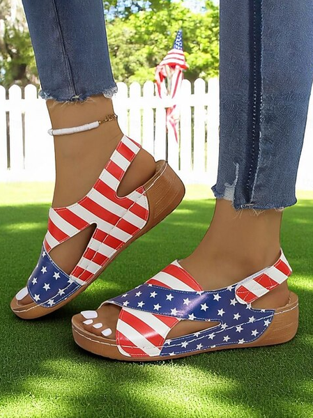 Vintage America Flag Hook And Loop Block Heel Wedge Sandals