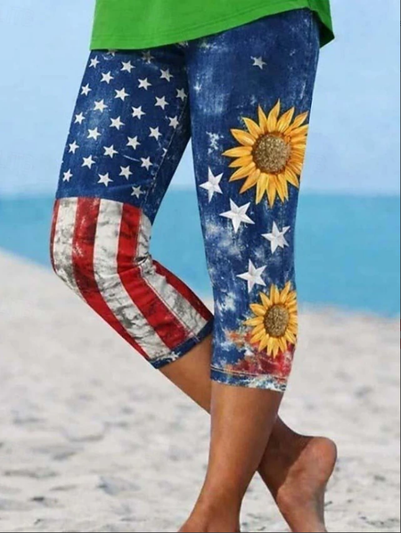 Women Sunflower Capris America Flag Printing Leggings Casual Summer Trousers