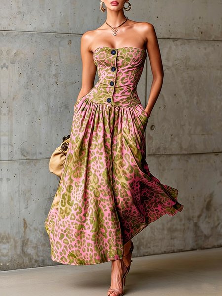 Vacation Leopard Printing Strapless Maxi Dress