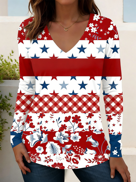 

Casual America Flag Printing V Neck Long Sleeve T-shirt, Color6, T-shirts