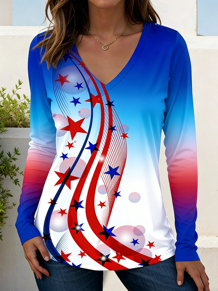 Vintage Gradient Pattern V Neck Long Sleeve T-shirt