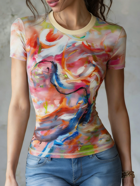 

Urban Random Print Crew Neck T-shirt, As picture, Tees