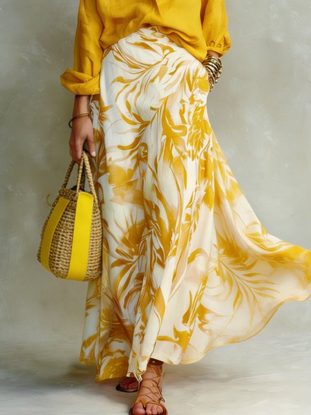 

Elegant Printing Botanical Pattern Maxi Skirt, Yellow, Skirts