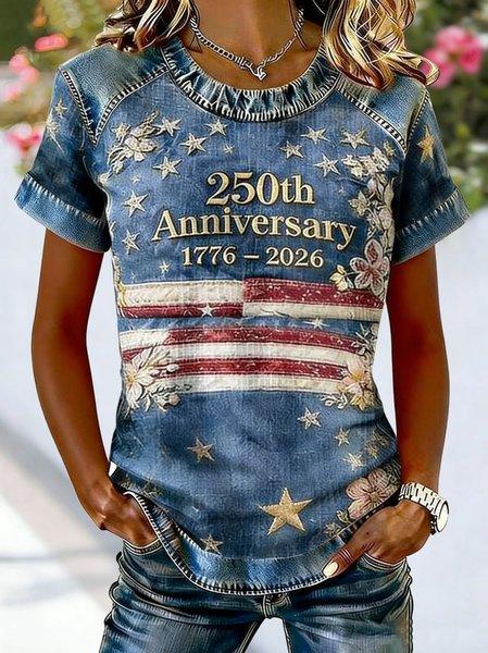 

Casual 250 Years Anniversary America Flag Print Color Block Crew Neck Short Sleeve T-shirt, As picture, T-shirts