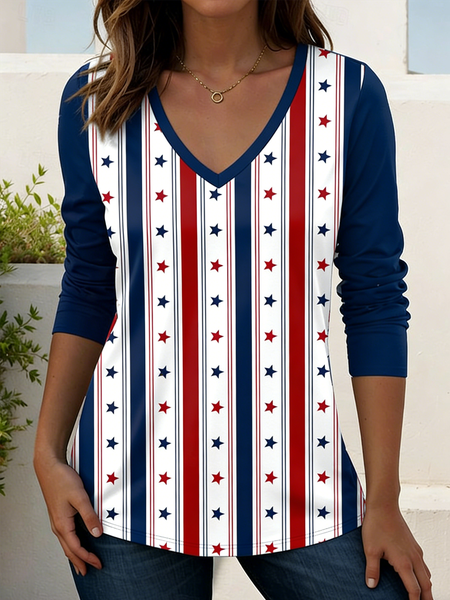 

Casual Striped V Neck Long Sleeve T-shirt, Blue, T-shirts