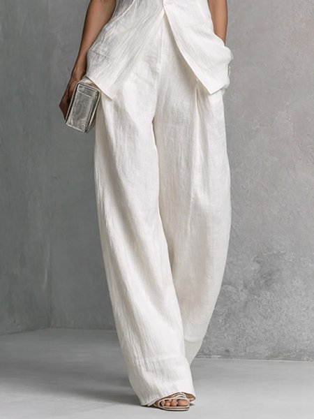 

Cotton And Linen Casual Plain Straight Pants, White, Pants