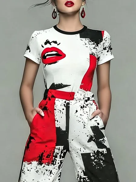 Casual Abstract Printing Crew Neck  T-shirt