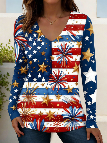 

Casual Striped V Neck Long Sleeve T-shirt, Color2, T-shirts