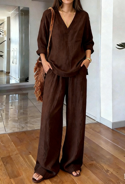 

Women Plain Two-Piece Set Daily Long Sleeve Casual Spring/Fall Top With Pants Matching Set, Brown, Jumpsuits&Rompers