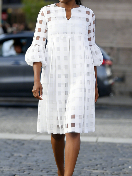 Elegant Plain Notched Knee Length Dress