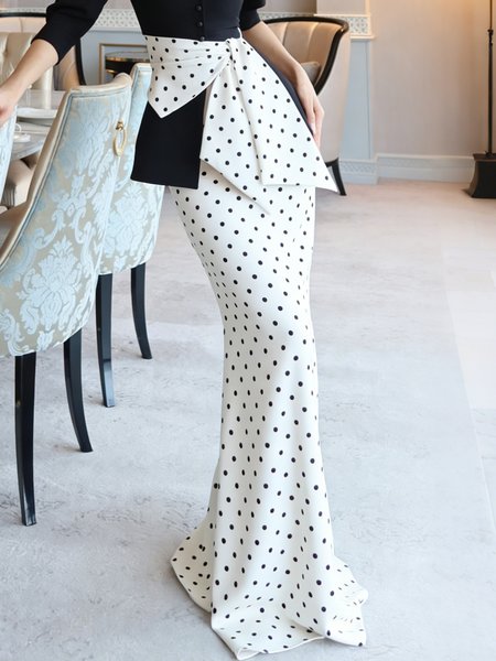 

Elegant Printing Polka Dots Maxi Skirt, Black-white, Skirts