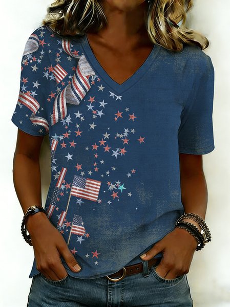 

Casual Star V Neck Short Sleeve T-shirt, Blue, T-shirts