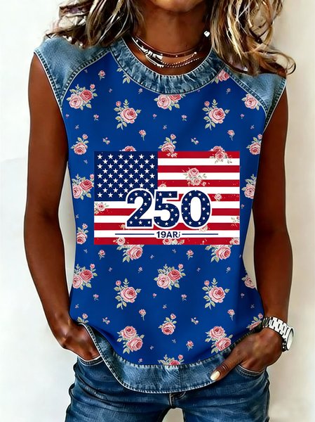 

Vintage Floral America Flag Printing Crew Neck Sleeveless T-shirt, Blue, Tanks & Camis