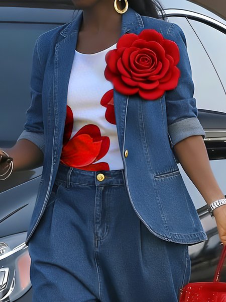 

Casual Buttoned Lapel Collar Denim Coat With 3D Floral Brooch, Blue, Tops