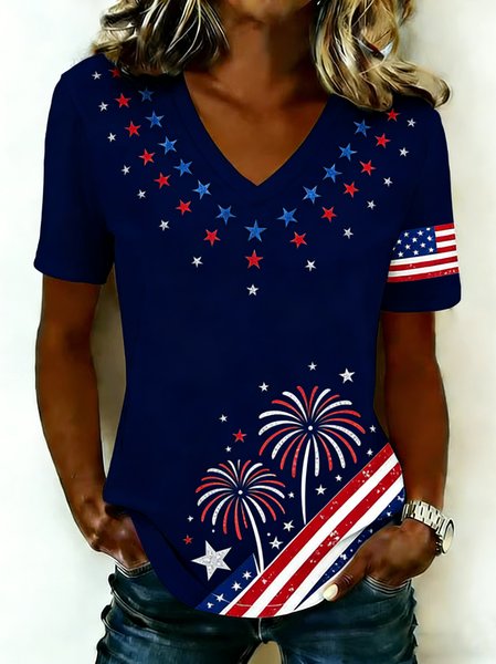 

Casual America Flag V Neck Short Sleeve T-shirt, Navyblue, T-shirts