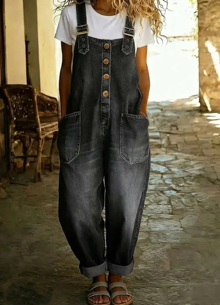 

Women Plain Crew Neck Sleeveless Vintage Summer Jumpsuit, Black, Jumpsuits&Rompers