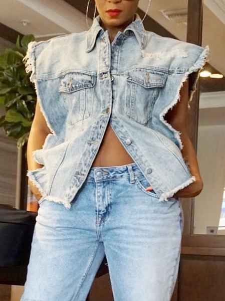 

Casual Plain Shawl Collar Denim Vest, Blue, Vests and Gilets