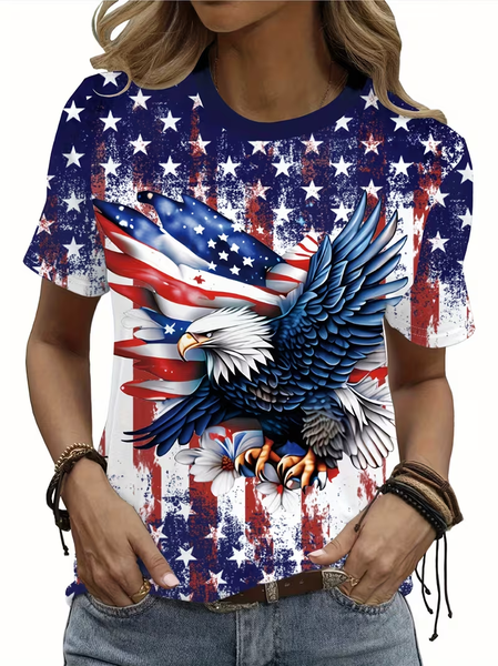 

Women America Flag Short Sleeve Tee T-shirt Crew Neck Printing Casual Graphic Tee Summer Top, Blue, T-Shirts