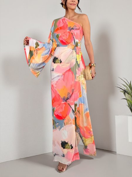 

Elegant Floral Printing One Shoulder Maxi Dress, Pink, Maxi Dresses