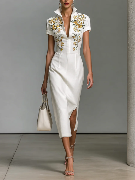 

Elegant Floral Embroidery Shawl Collar Midi Dress, Yellow, Midi Dresses