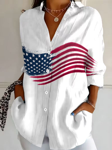 

Shirt Collar Regular Sleeve Long Sleeve America Flag Buckle Regular Loose Button Up Shirt Shirt For Women, White, Shirts