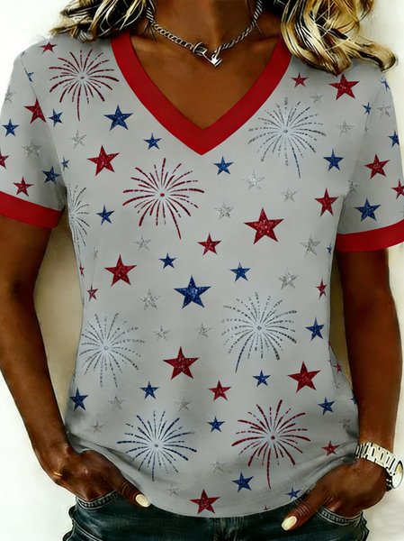 Casual Star V Neck Short Sleeve T-shirt