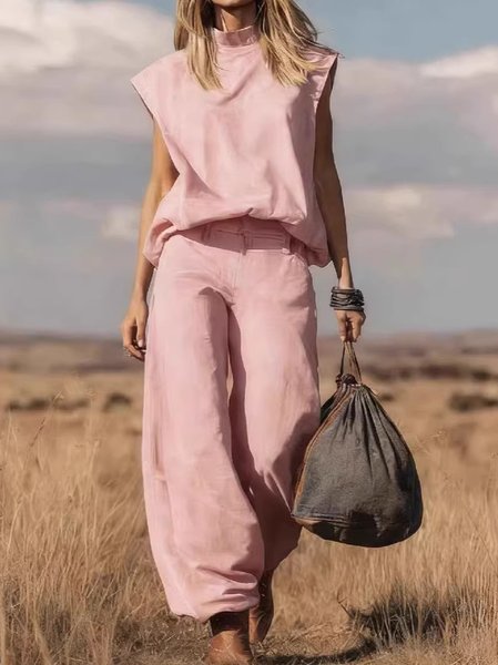 

Women Plain Two-Piece Set Daily Sleeveless Vintage Summer Top With Pants Matching Set, Pink, Sets